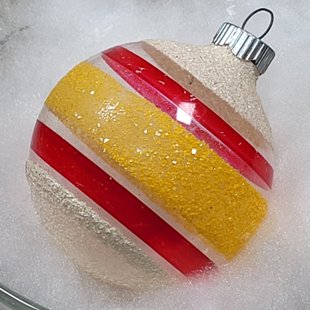 Shiny Brite Unsilvered Clear Striped Glass Christmas Ornament Red Yellow White‎
